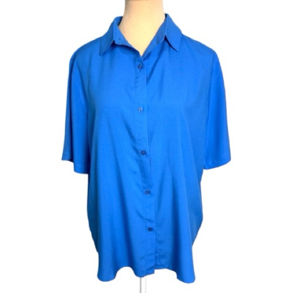 NWT Franne Golde Medium Azure Blue Button-Up Shirt 100% Rayon Elbow Sleeve